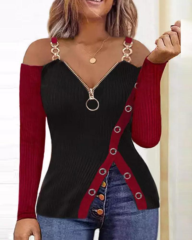 Contrast Paneled Zip Detail Cold Shoulder Top
