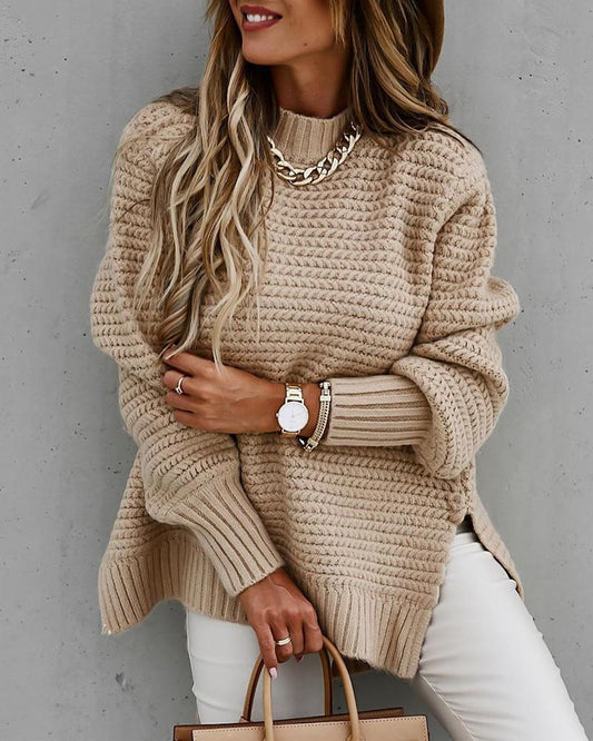 Long Sleeve Mock Neck Split Hem Sweater