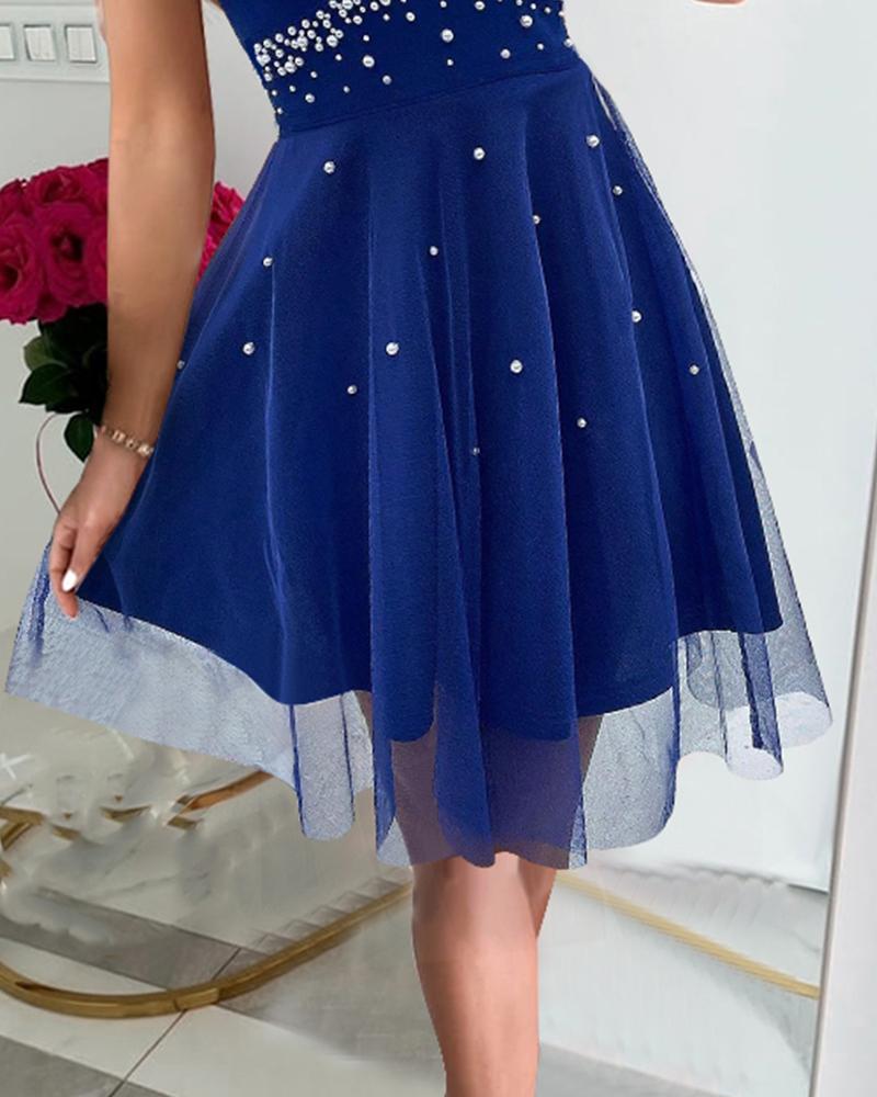 Plunge Beaded Sheer Mesh Ruched Party Dress