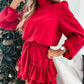 Lantern Sleeve Ruffle Hem Belted Casual Dress