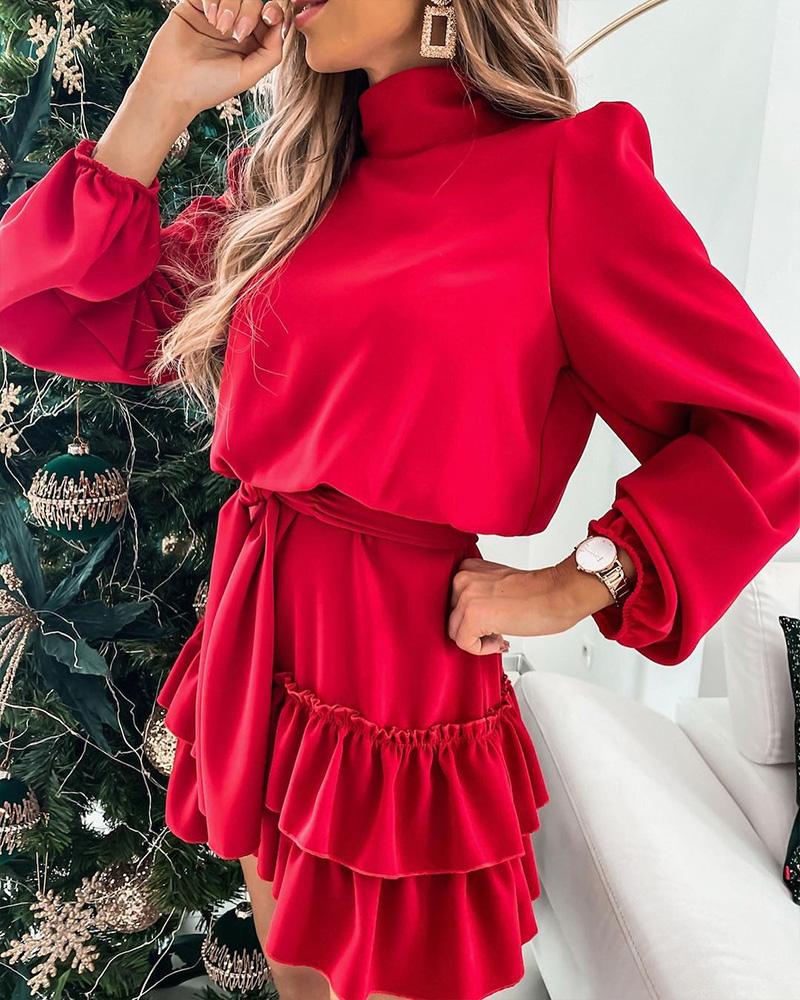 Lantern Sleeve Ruffle Hem Belted Casual Dress