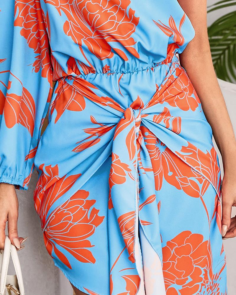 Plants Print One Shoulder Tied Detail Casual Dress