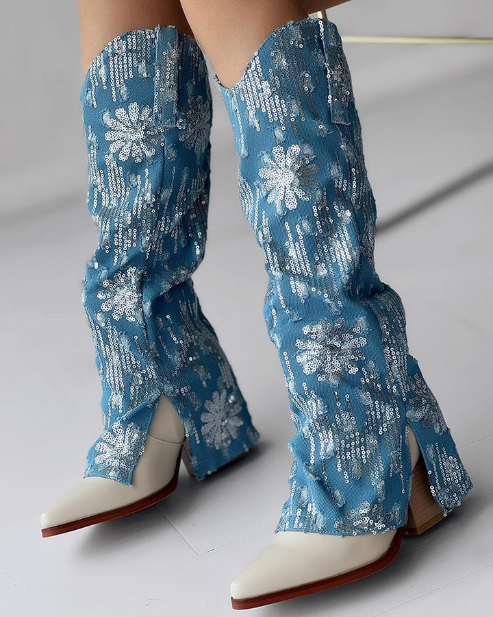 Sequin Floral Pattern Slit Chunky Heel Denim Boots