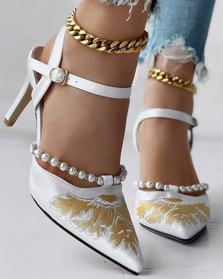 Floral Embroidery Pearl Decor Stiletto Heeled Pumps