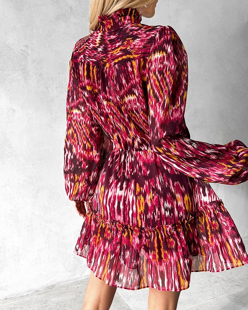 Tie Dye Print Buttoned Long Sleeve Dress