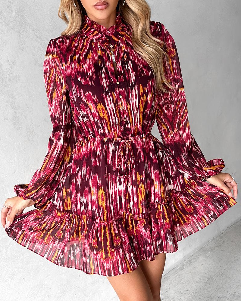 Tie Dye Print Buttoned Long Sleeve Dress