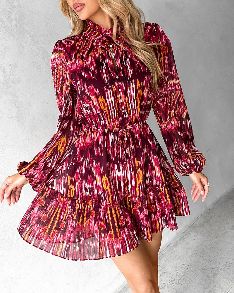 Tie Dye Print Buttoned Long Sleeve Dress