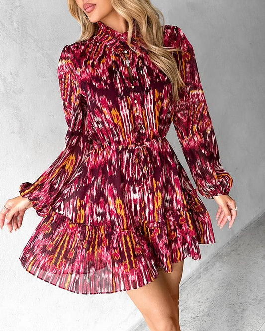 Tie Dye Print Buttoned Long Sleeve Dress