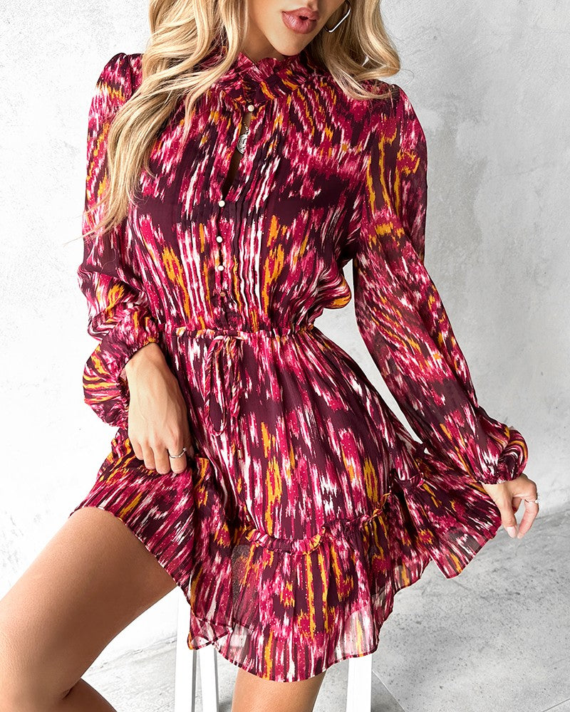 Tie Dye Print Buttoned Long Sleeve Dress