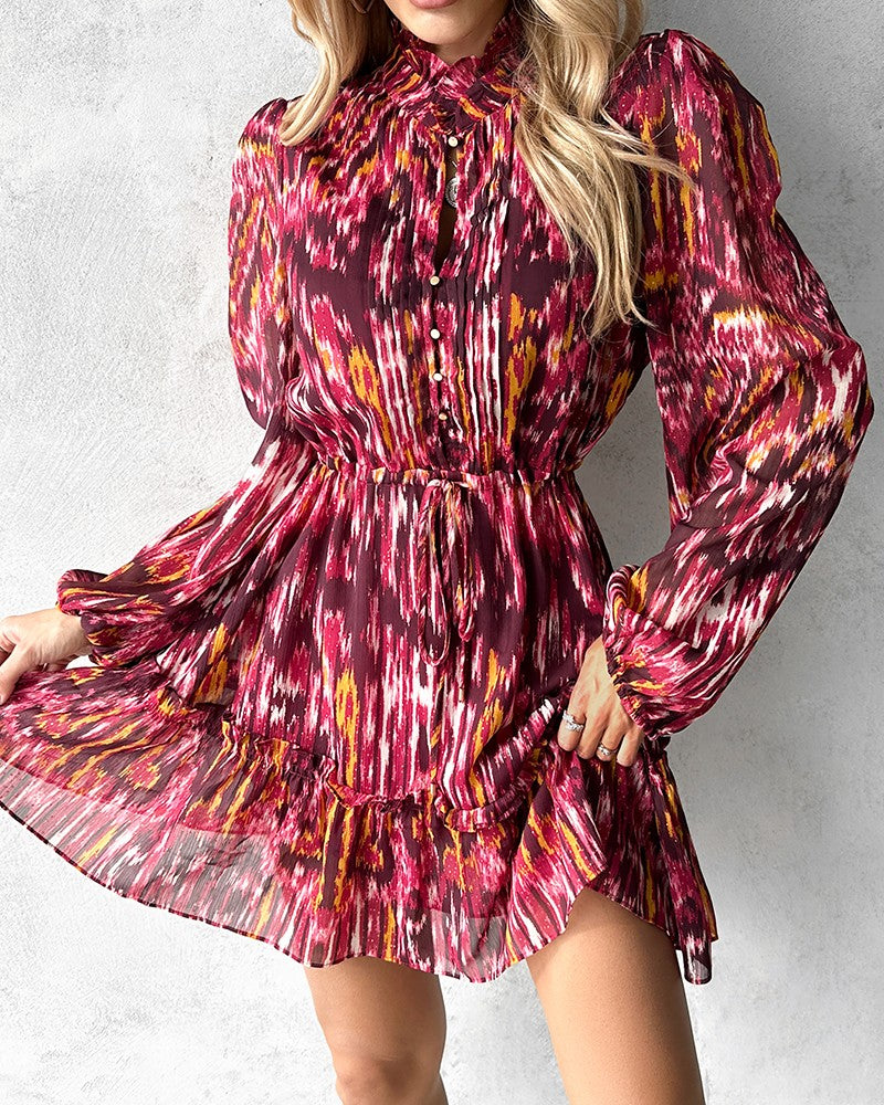 Tie Dye Print Buttoned Long Sleeve Dress