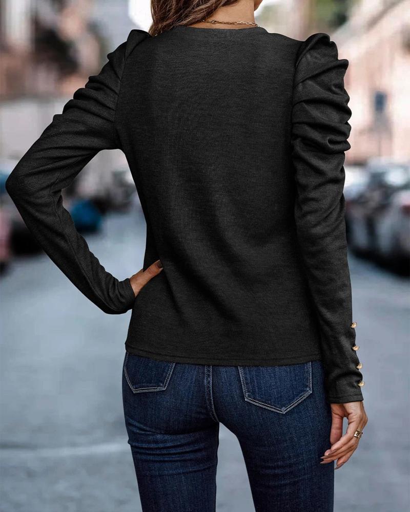 Gigot Sleeve Buttoned Ruched Top