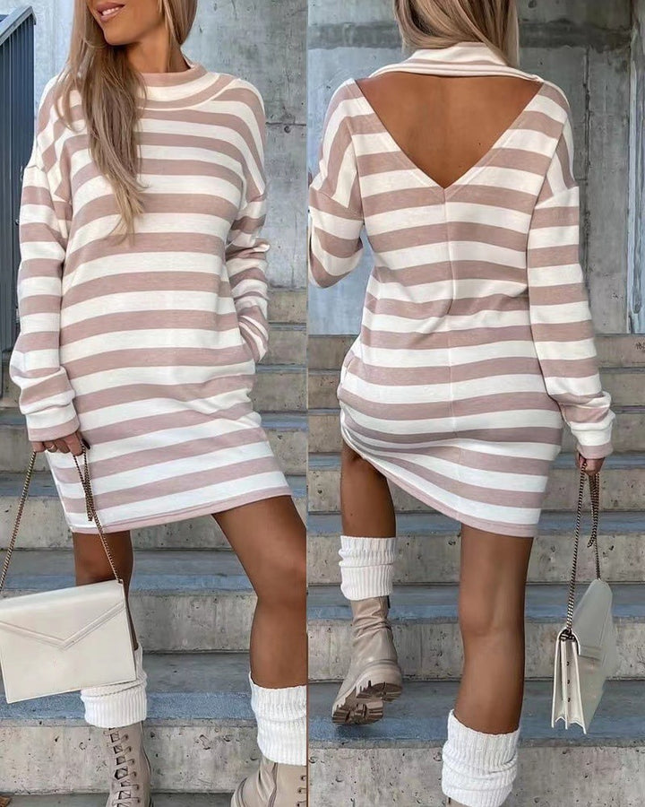 Striped Print Open Back Long Sleeve Dress