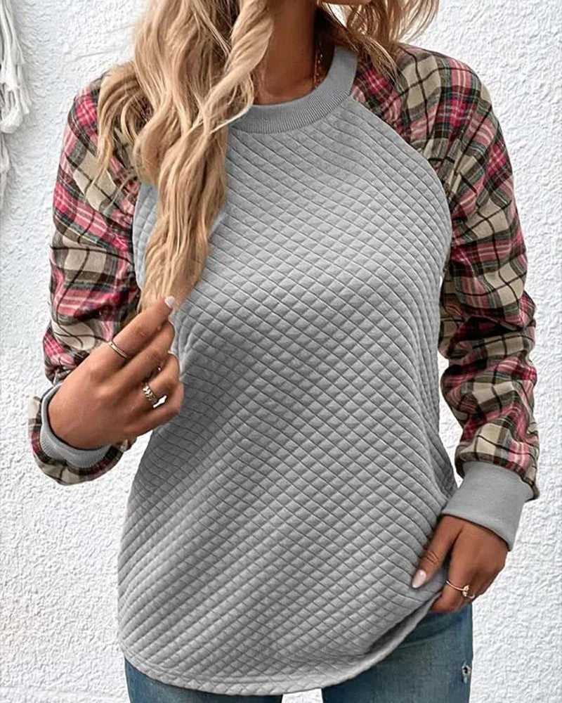 Plaid Print Long Sleeve Textured Sweatshirt