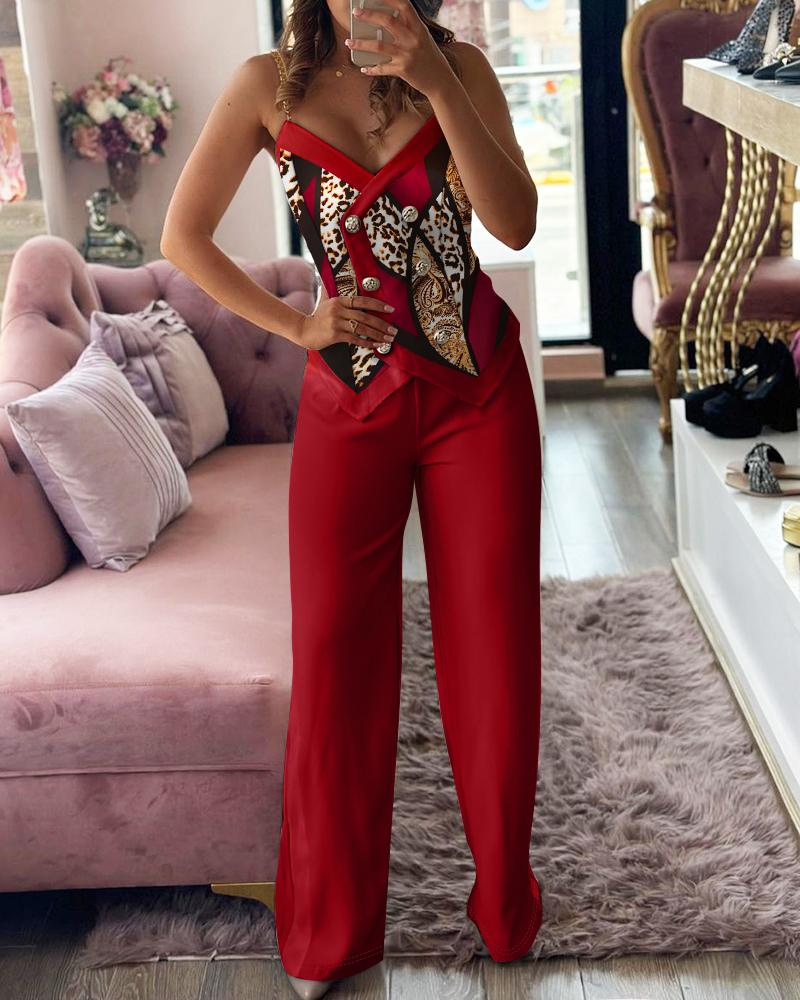Scarf Leopard Print Double Breasted Cami Top & Straight Leg Pants Set
