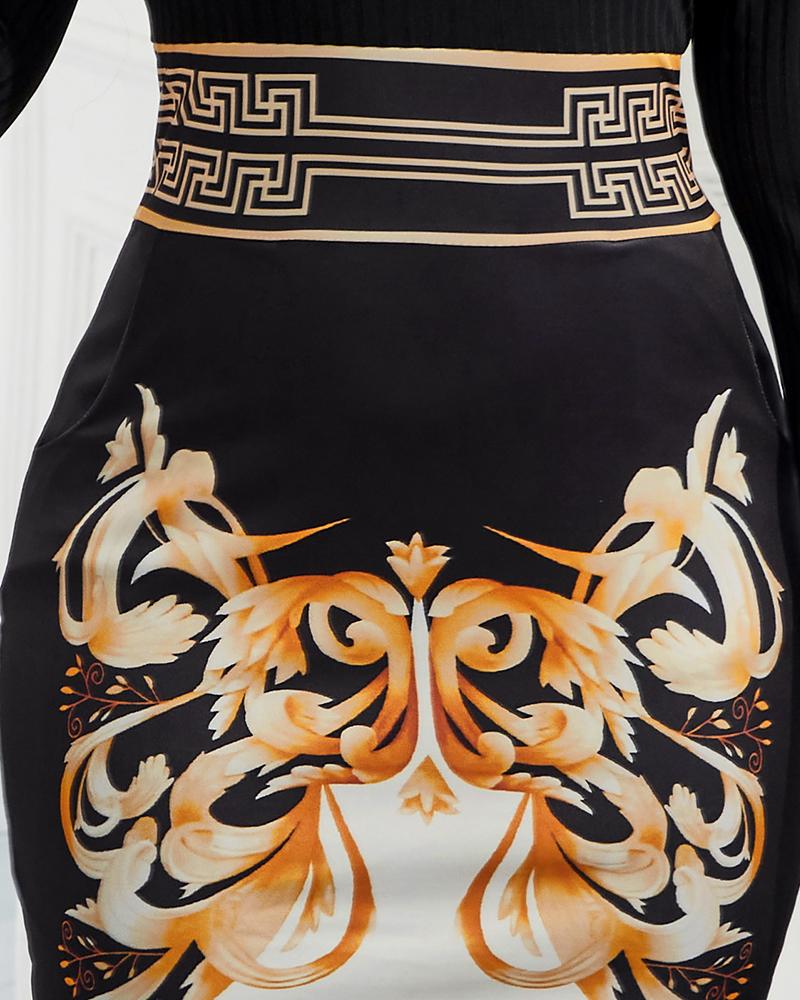 Baroque Geometric Print Long Sleeve Work Dress