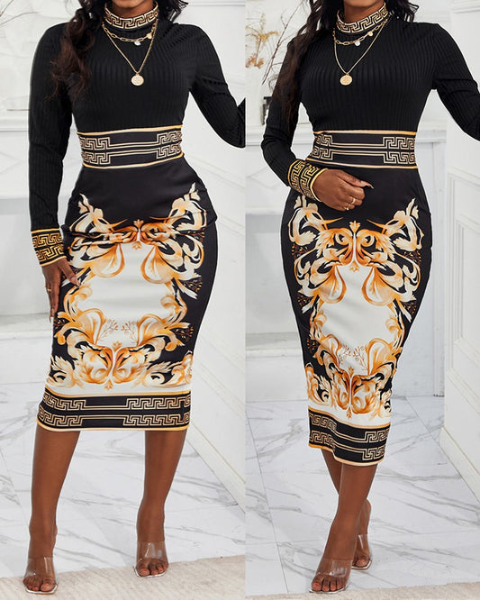 Baroque Geometric Print Long Sleeve Work Dress