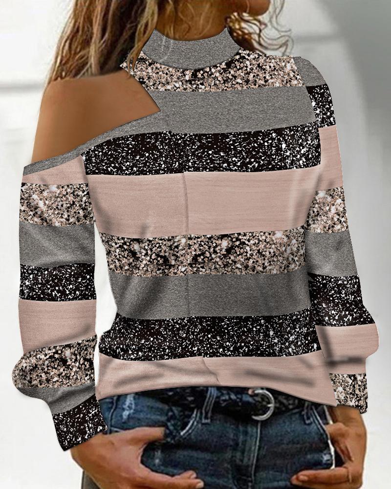 Colorblock Striped Print Cold Shoulder Top