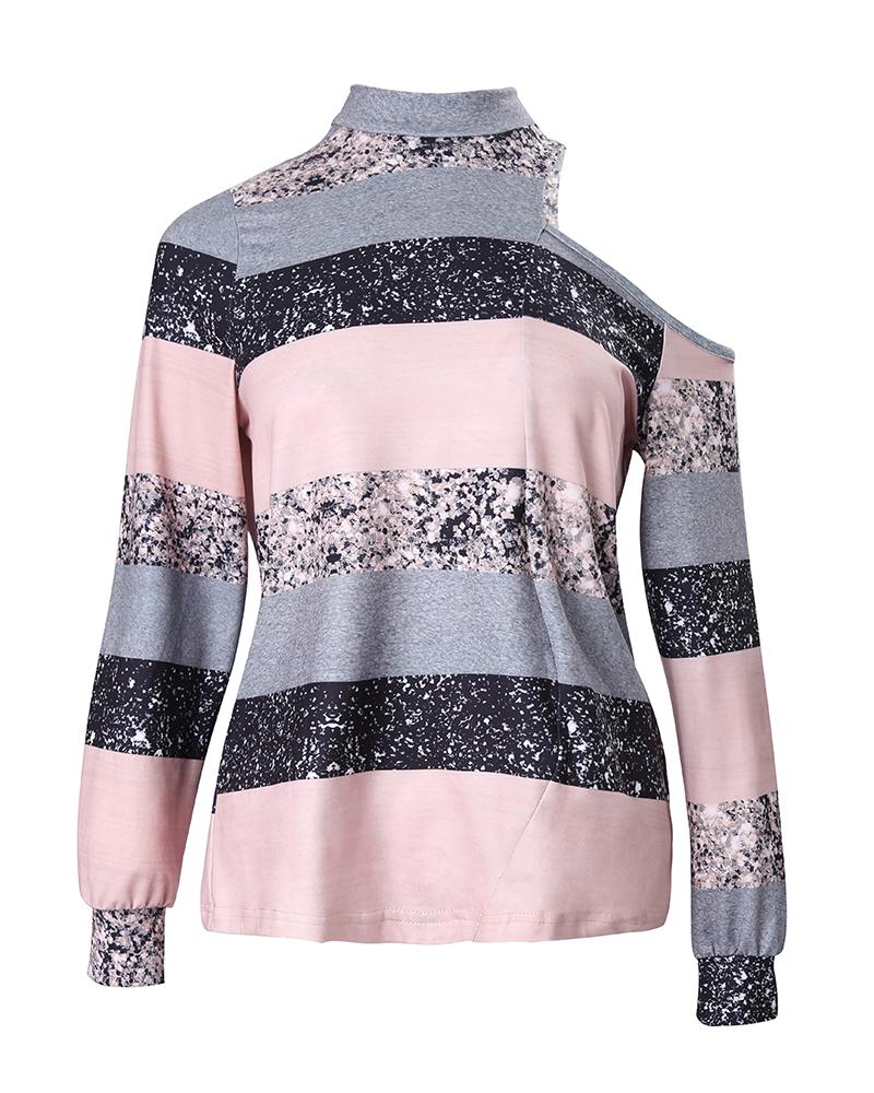 Colorblock Striped Print Cold Shoulder Top