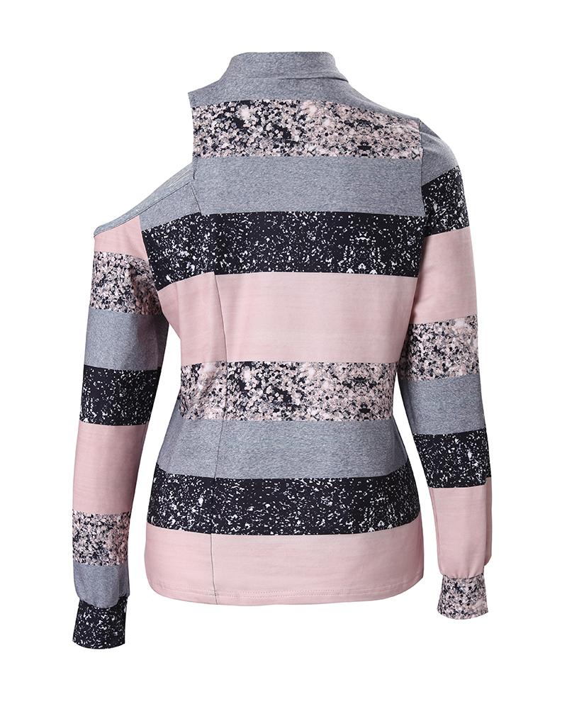 Colorblock Striped Print Cold Shoulder Top
