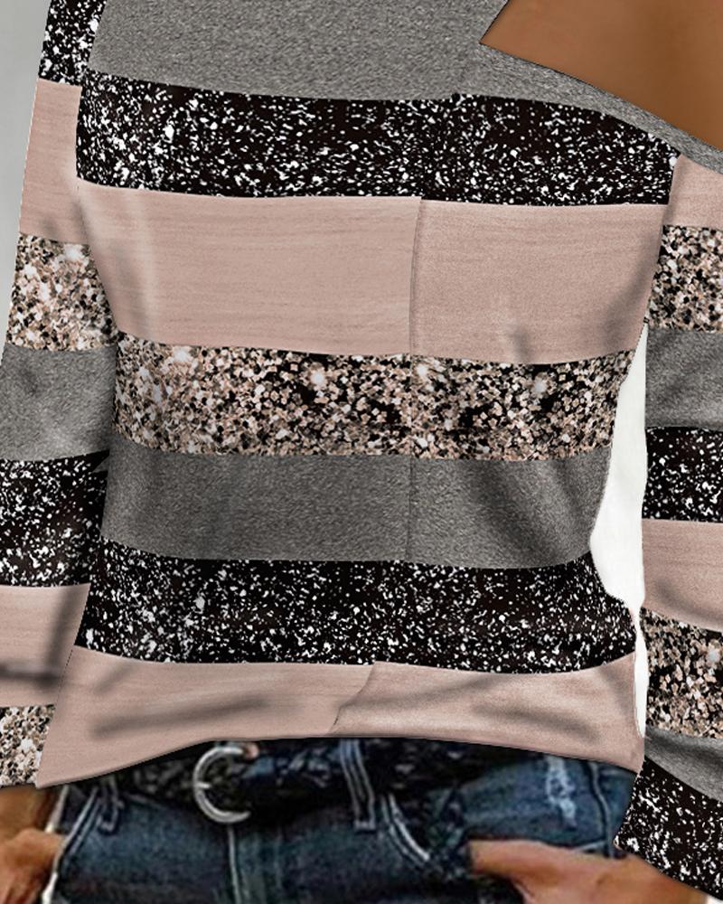 Colorblock Striped Print Cold Shoulder Top