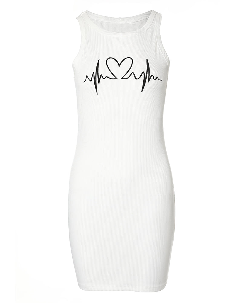 Valentine's Day Heart Print Ribbed Casual Tank Dress