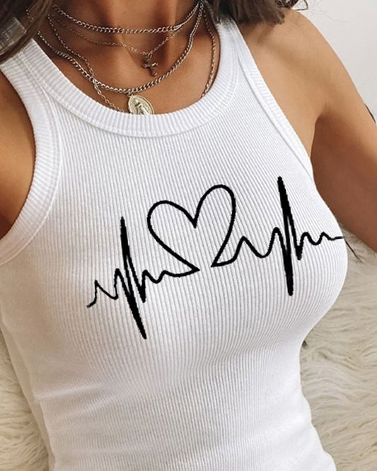 Valentine's Day Heart Print Ribbed Casual Tank Dress
