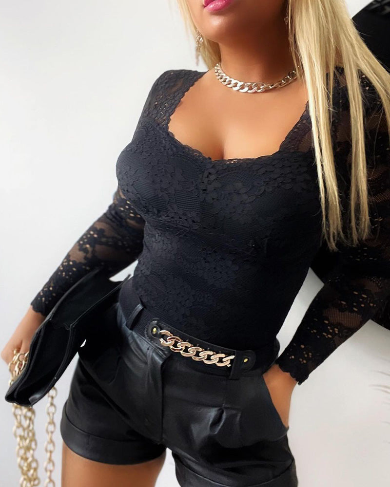 Crochet Lace Long Sleeve U Neck Top