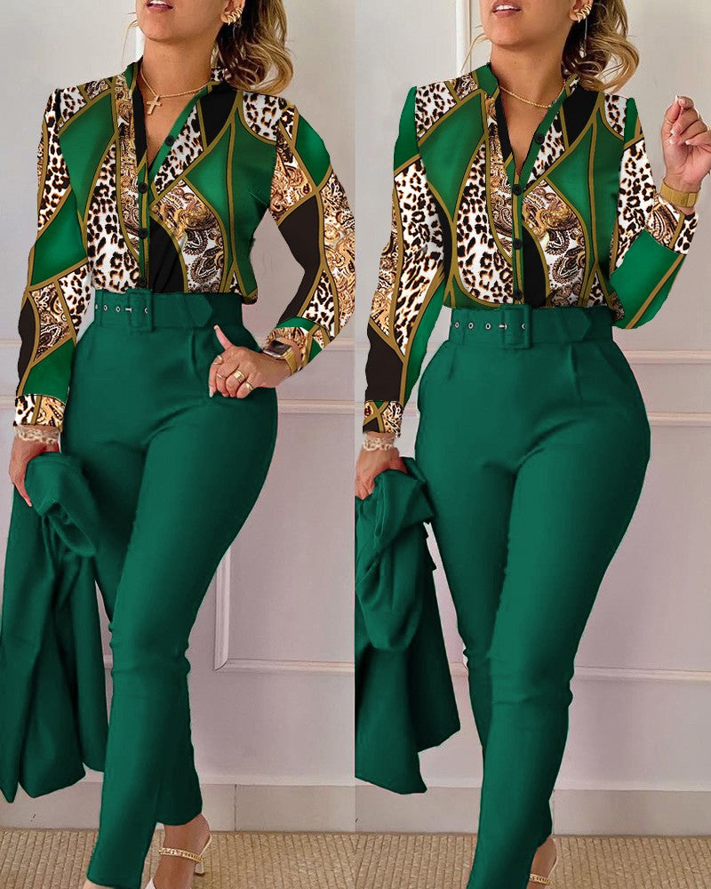 Baroque Leopard Print Shirt & Belted Pants Set