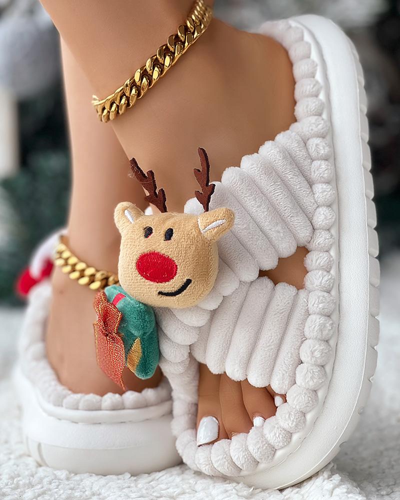 Christmas Cartoon Elk Santa Pattern Cross Strap Winter Slippers