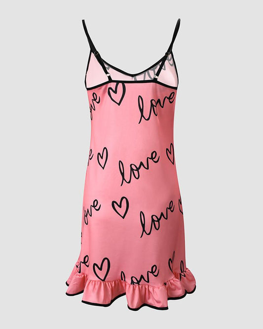 Heart Letter Print Contrast Binding Ruffle Hem Nightdress