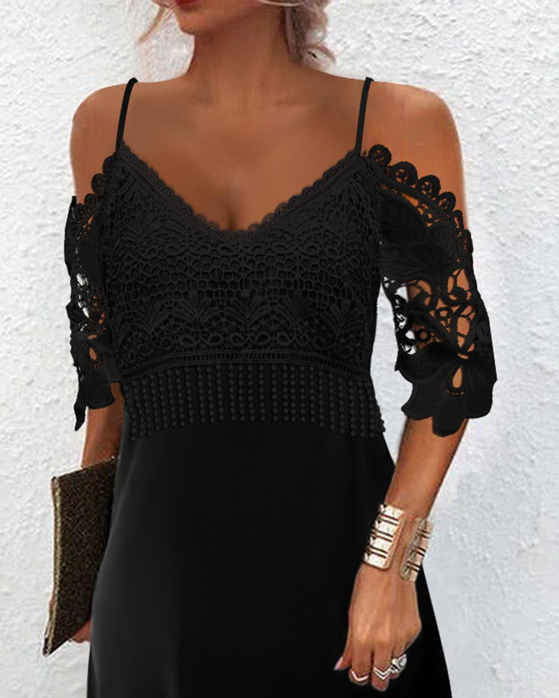Contrast Lace Cold Shoulder Casual Dress