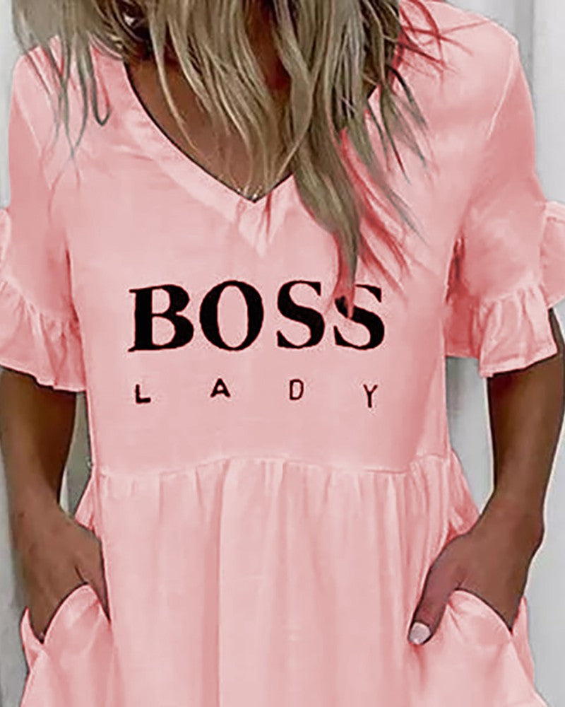 Letter Print Bell Sleeve Ruffles Casual Dress