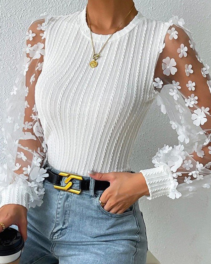Floral Pattern Sheer Mesh Cable Textured Top