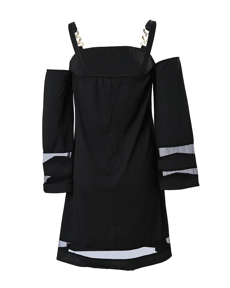 Contrast Mesh Cold Shoulder Casual Dress