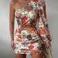 Puff Lantern Sleeve Floral Print Cutout One Shoulder Dress