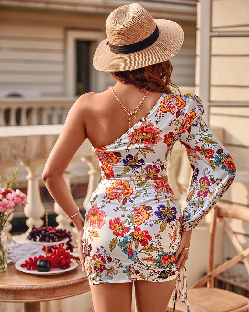 Puff Lantern Sleeve Floral Print Cutout One Shoulder Dress