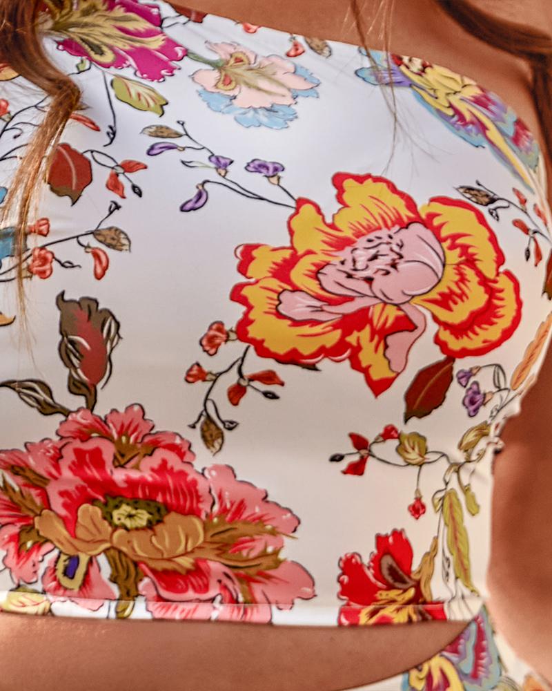 Puff Lantern Sleeve Floral Print Cutout One Shoulder Dress