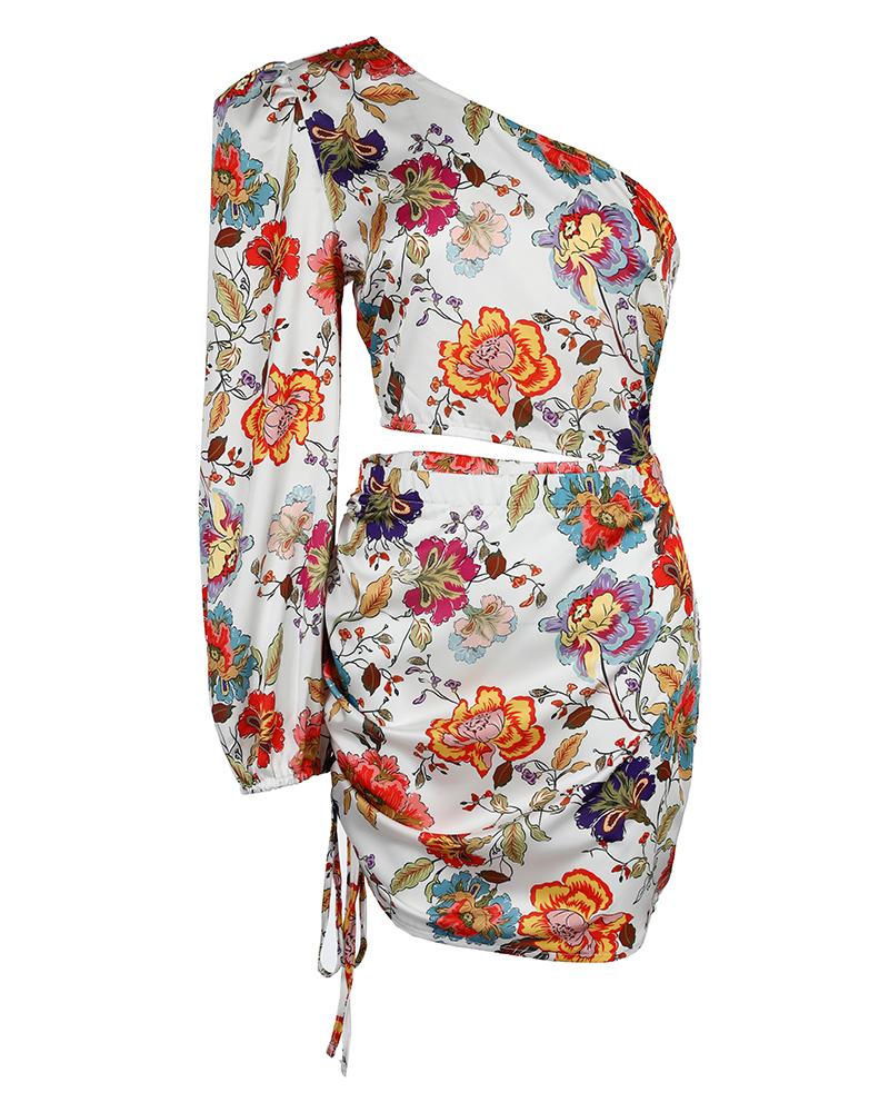 Puff Lantern Sleeve Floral Print Cutout One Shoulder Dress