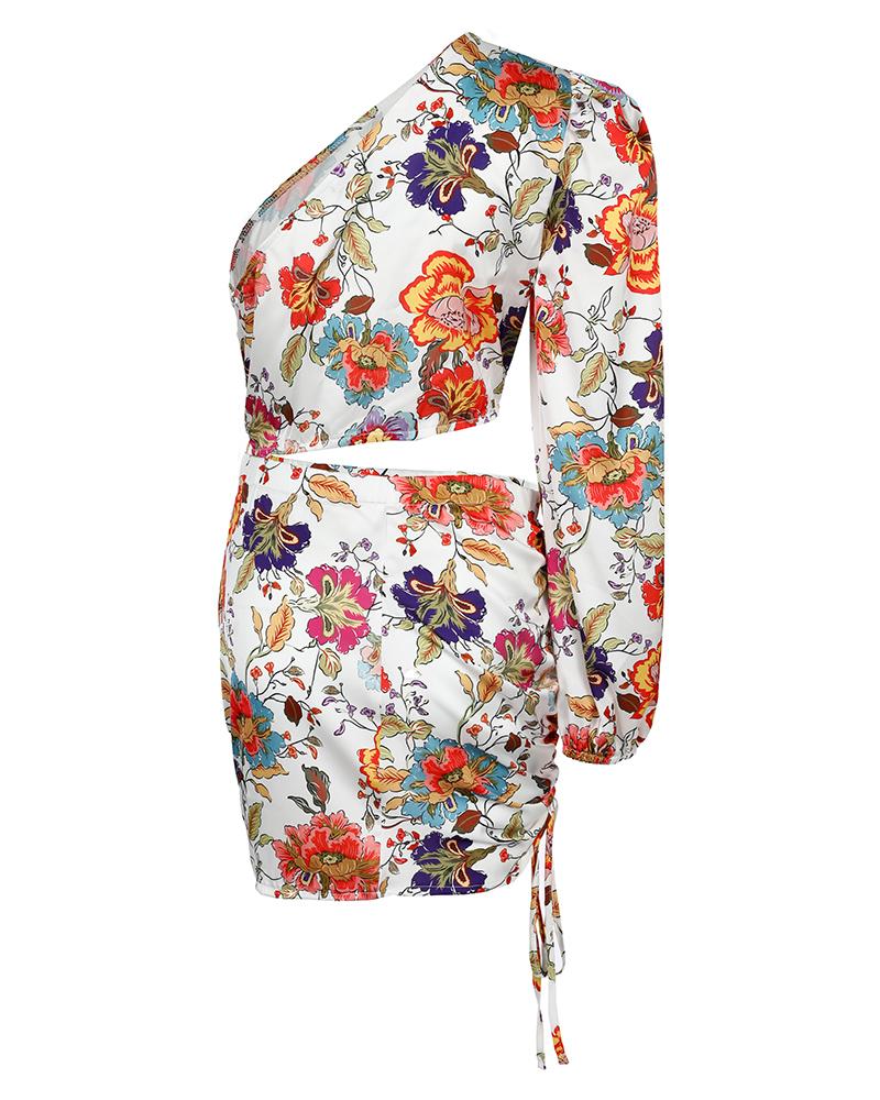Puff Lantern Sleeve Floral Print Cutout One Shoulder Dress
