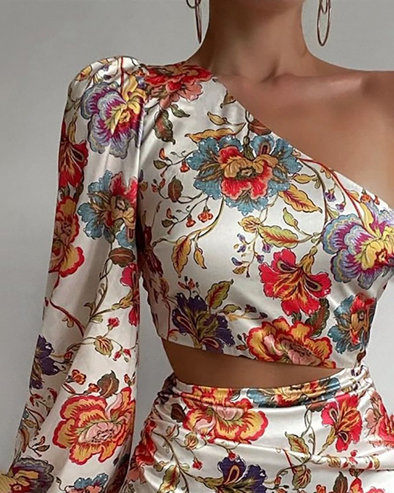 Puff Lantern Sleeve Floral Print Cutout One Shoulder Dress