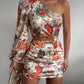 Puff Lantern Sleeve Floral Print Cutout One Shoulder Dress