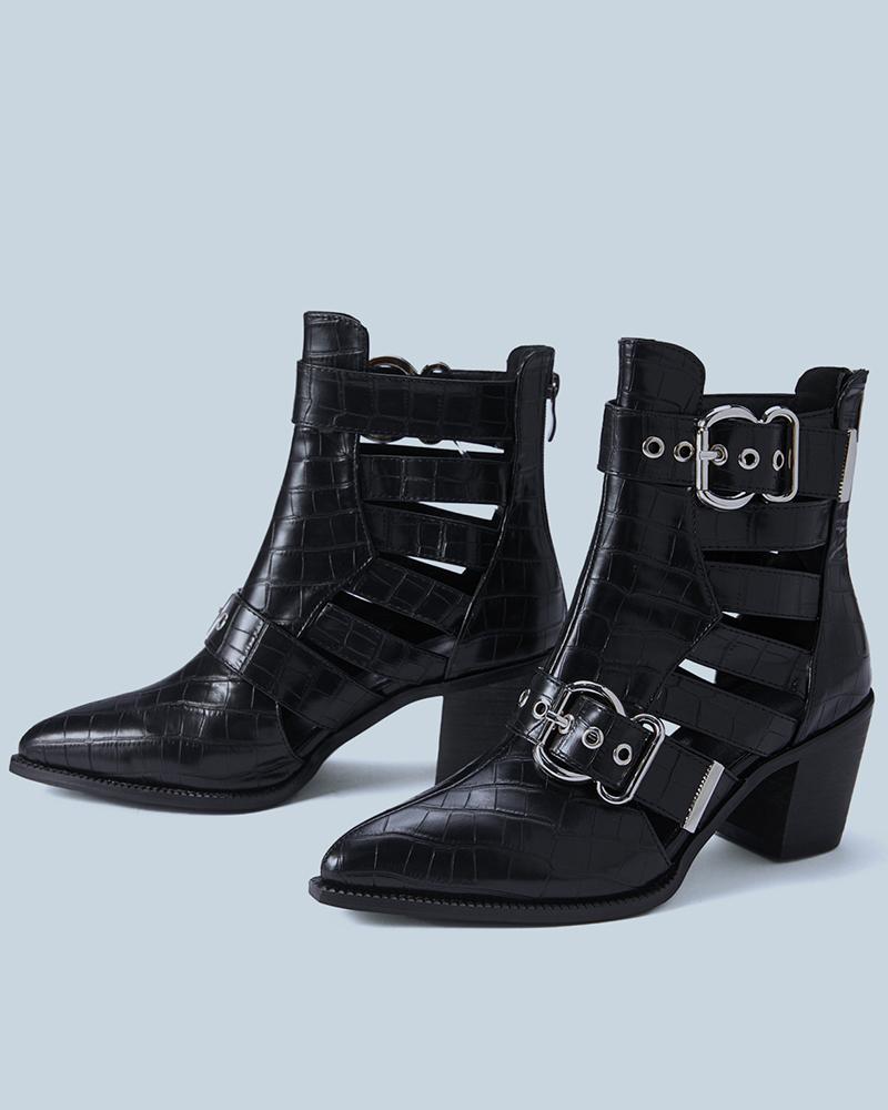 Eyelet Buckled Cutout Chunky Boots