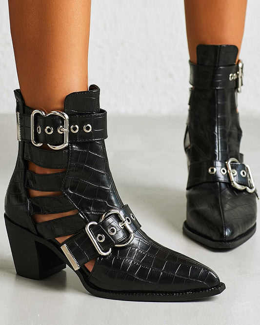 Eyelet Buckled Cutout Chunky Boots