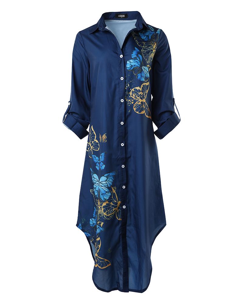 Butterfly Print Long Sleeve Buttoned Shirt Dress