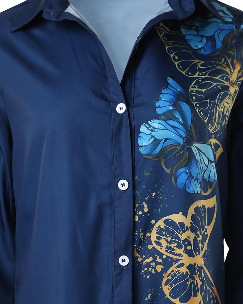 Butterfly Print Long Sleeve Buttoned Shirt Dress