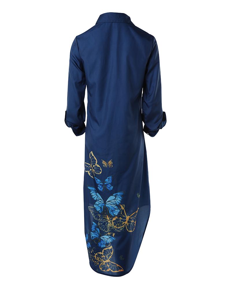 Butterfly Print Long Sleeve Buttoned Shirt Dress