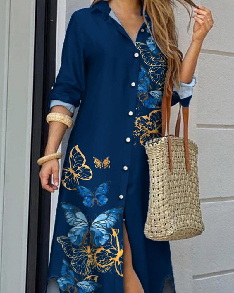 Butterfly Print Long Sleeve Buttoned Shirt Dress