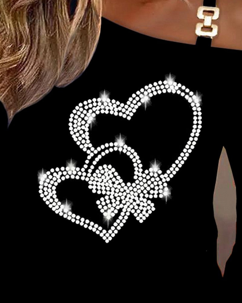 Studded Heart Pattern Cold Shoulder Top