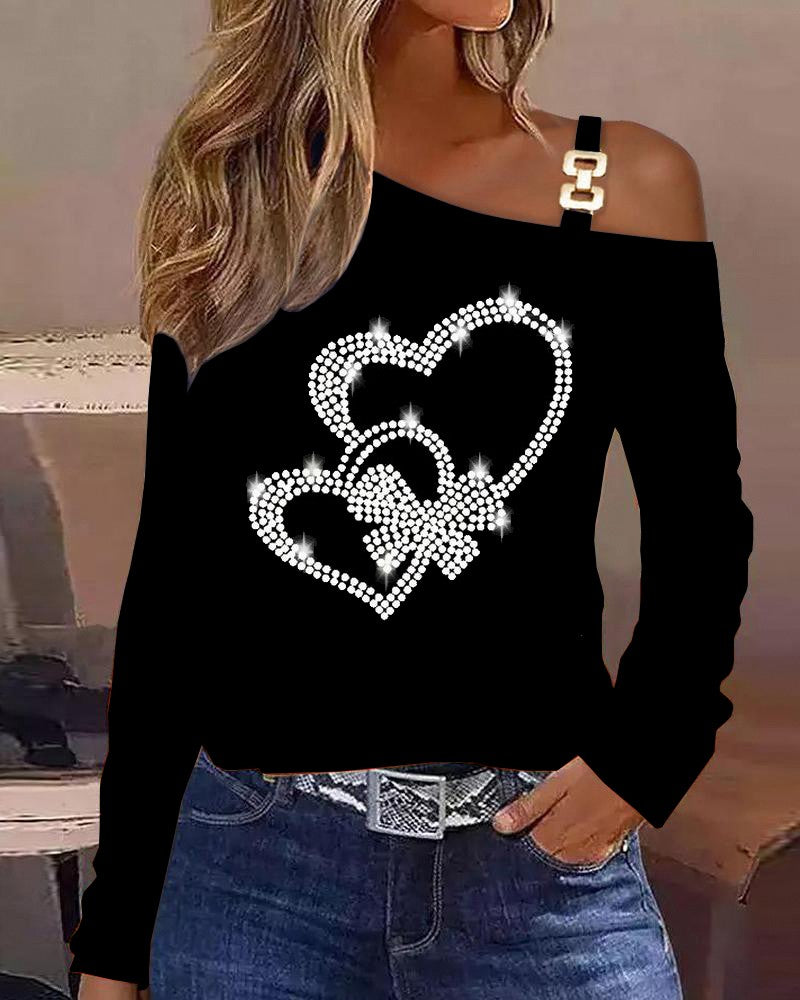 Studded Heart Pattern Cold Shoulder Top