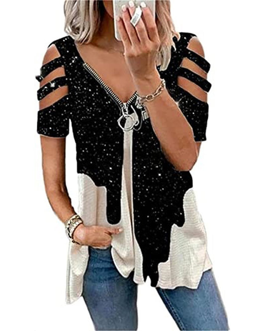 Sparkling Sky Print Zipper Design Cutout T shirt